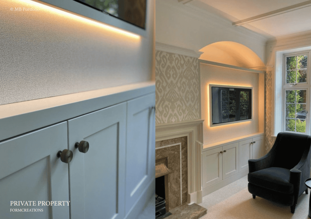 An image displaying two different stylish room settings; on the left, a close-up of a cabinet with led lighting, and on the right, a cozy reading nook with a black chair and elegant wall design.