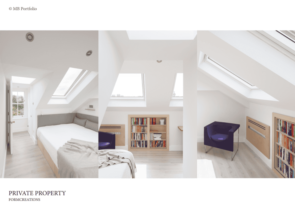 Three-panel view of a modern attic bedroom with skylights, featuring a bed on the left, a study area in the middle, and a reading nook with bookshelves on the right.