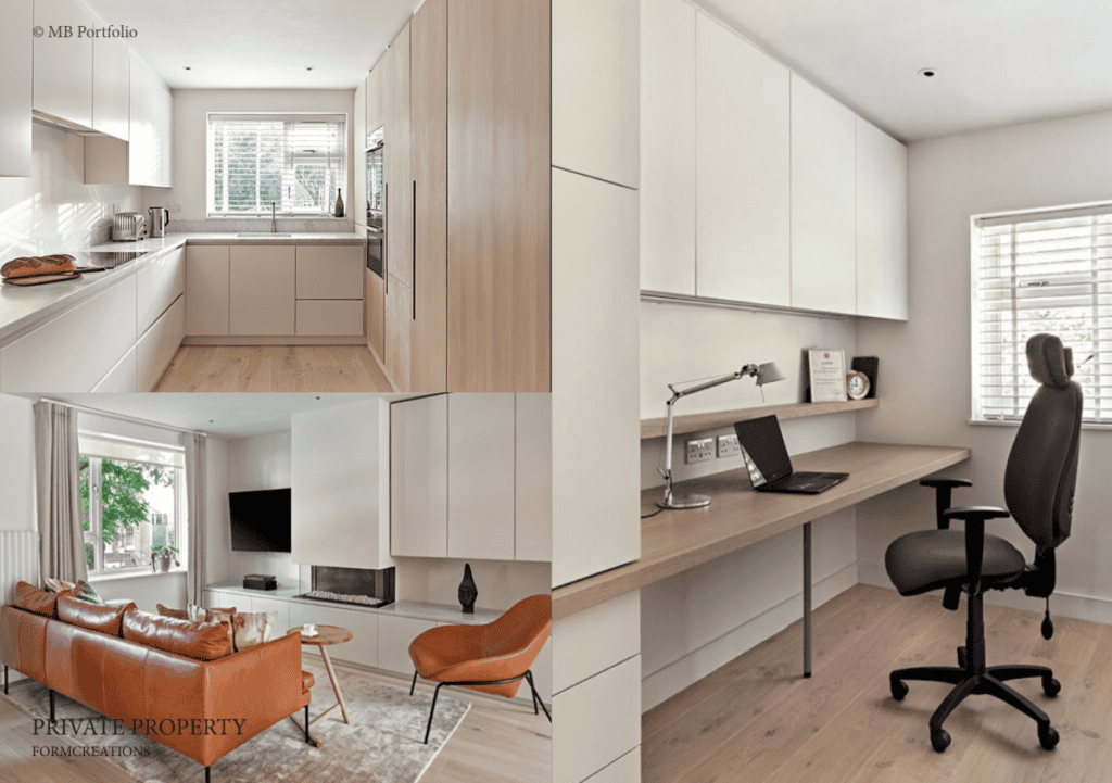 A collage of modern interior spaces including a streamlined kitchen with wooden cabinetry, a cozy living area with a beige couch, and a minimalist home office with a desk and black chair.