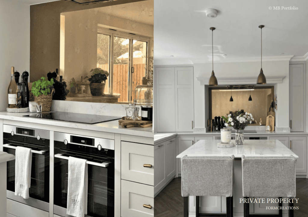 Two images of modern kitchens: left shows a kitchen with a dark color scheme, wine bottles and plants on counter; right shows a bright kitchen with white cabinetry and elegant dining chairs.