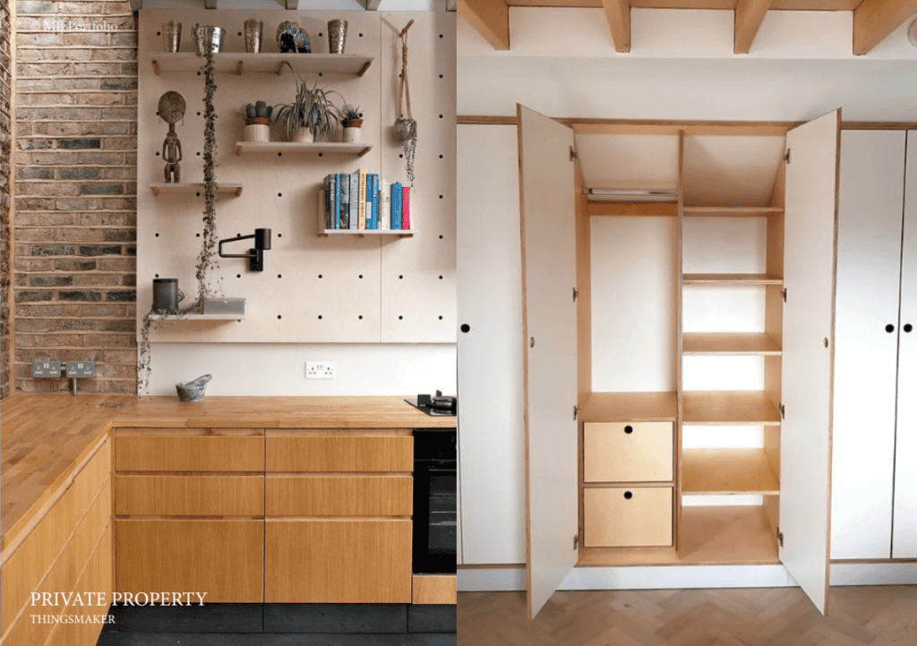 A split image displaying two types of minimalist wooden storage solutions. the left side shows shelves and cabinets against a brick wall, while the right side features a closet with combined shelving and drawers.