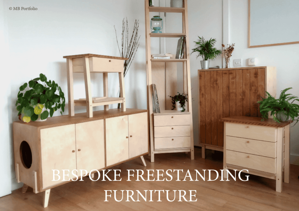 A well-arranged room featuring a collection of bespoke freestanding wooden furniture including a cabinet, a chest of drawers, and shelves decorated with plants and decorative items.