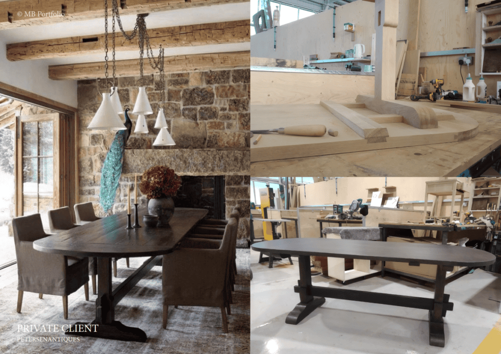 A split image showing two interiors. on the left, a rustic dining area with a stone wall, wooden table, and pendant lights. on the right, a carpentry workshop with wood planks, a bench, and tools. text overlay reads "mb portugal, private client.