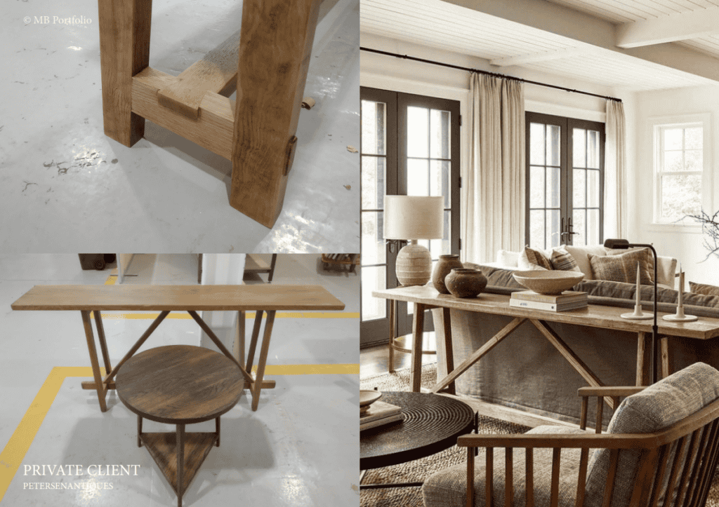 Split image featuring artisan wooden furniture. left: close-up of a rustic wooden table leg. right: cozy room with wooden furnishings, plush sofas, and soft lighting.