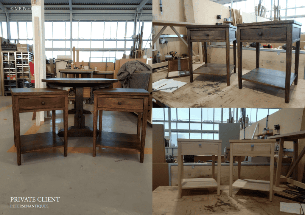 A collage showing the restoration of antique wooden furniture in a workshop, including desks and chairs, with tools and work materials visible in the background.