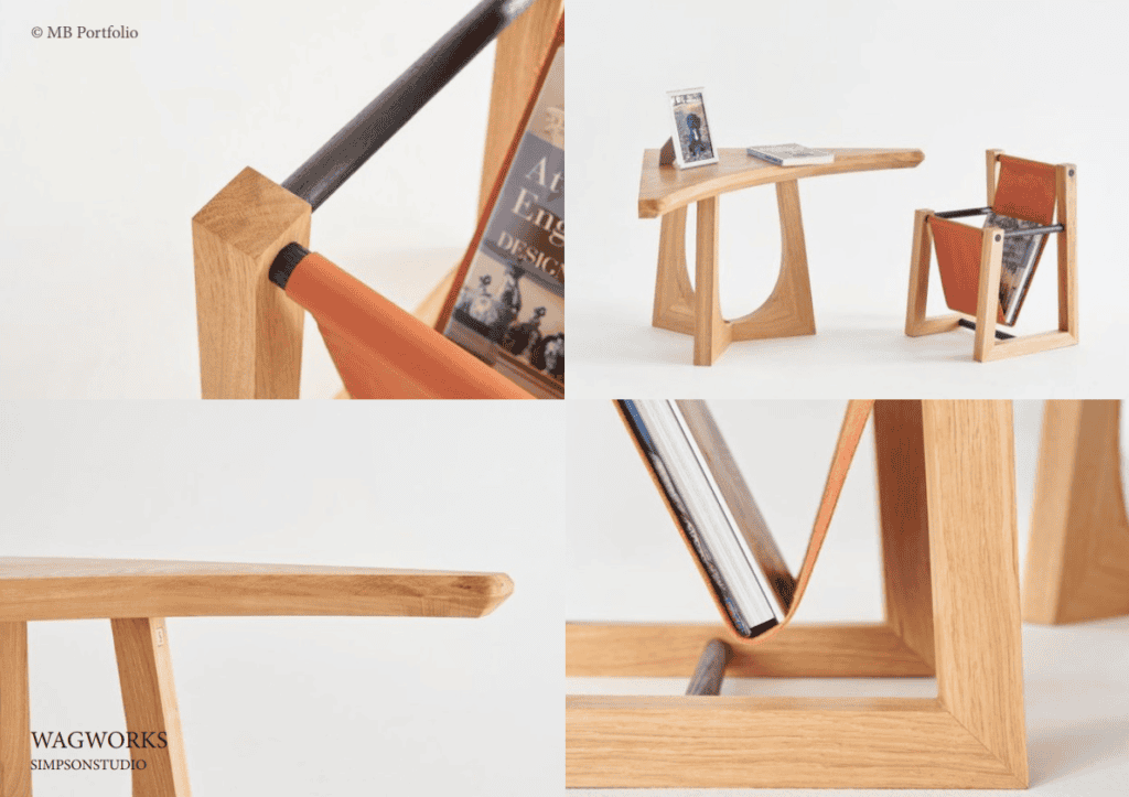 Four images featuring the design of a modern wooden bookstand with an integrated mirror, showcasing different angles and details of its unique construction and finish.