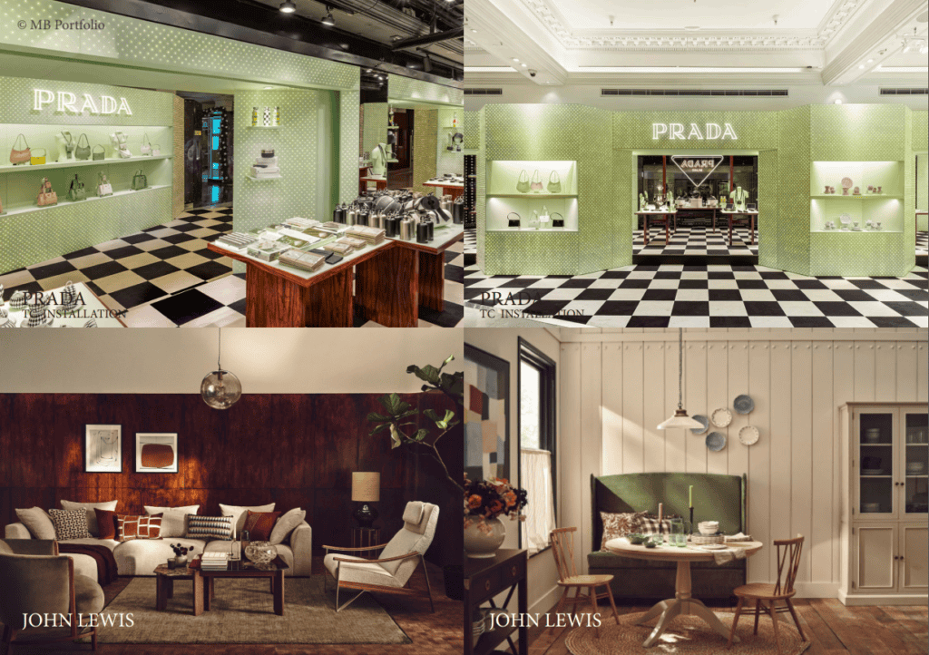 Four interior design displays featuring two luxury stores with prada branding and two cozy, stylish living spaces named john lewis, all with distinct elegant decor.