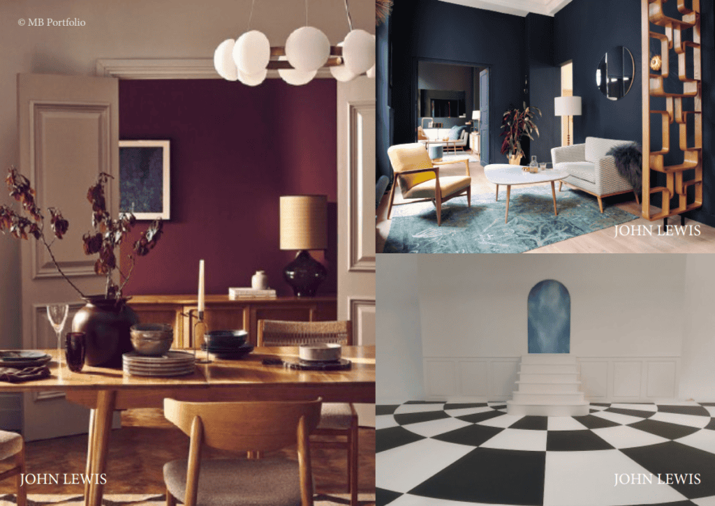 Three images showing stylish interior designs: the first with a cozy dining setup, the second featuring a modern living room, and the third depicting a minimalist space with a checkered floor and arched mirror.